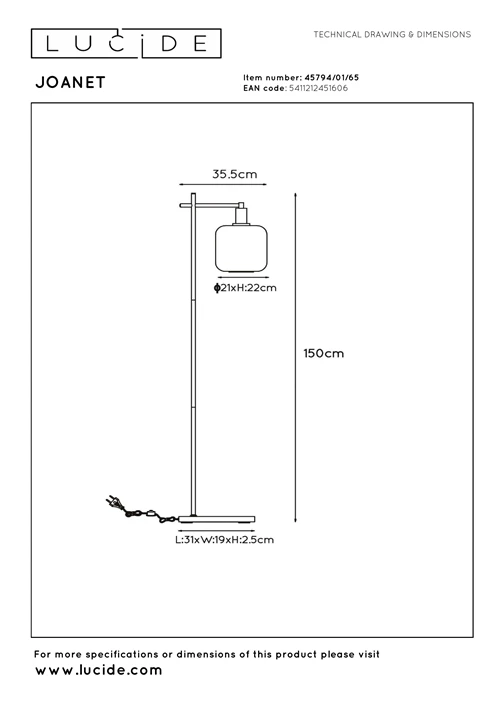 Lucide JOANET - Floor lamp - 1xE27 - Smoke Grey - technical
